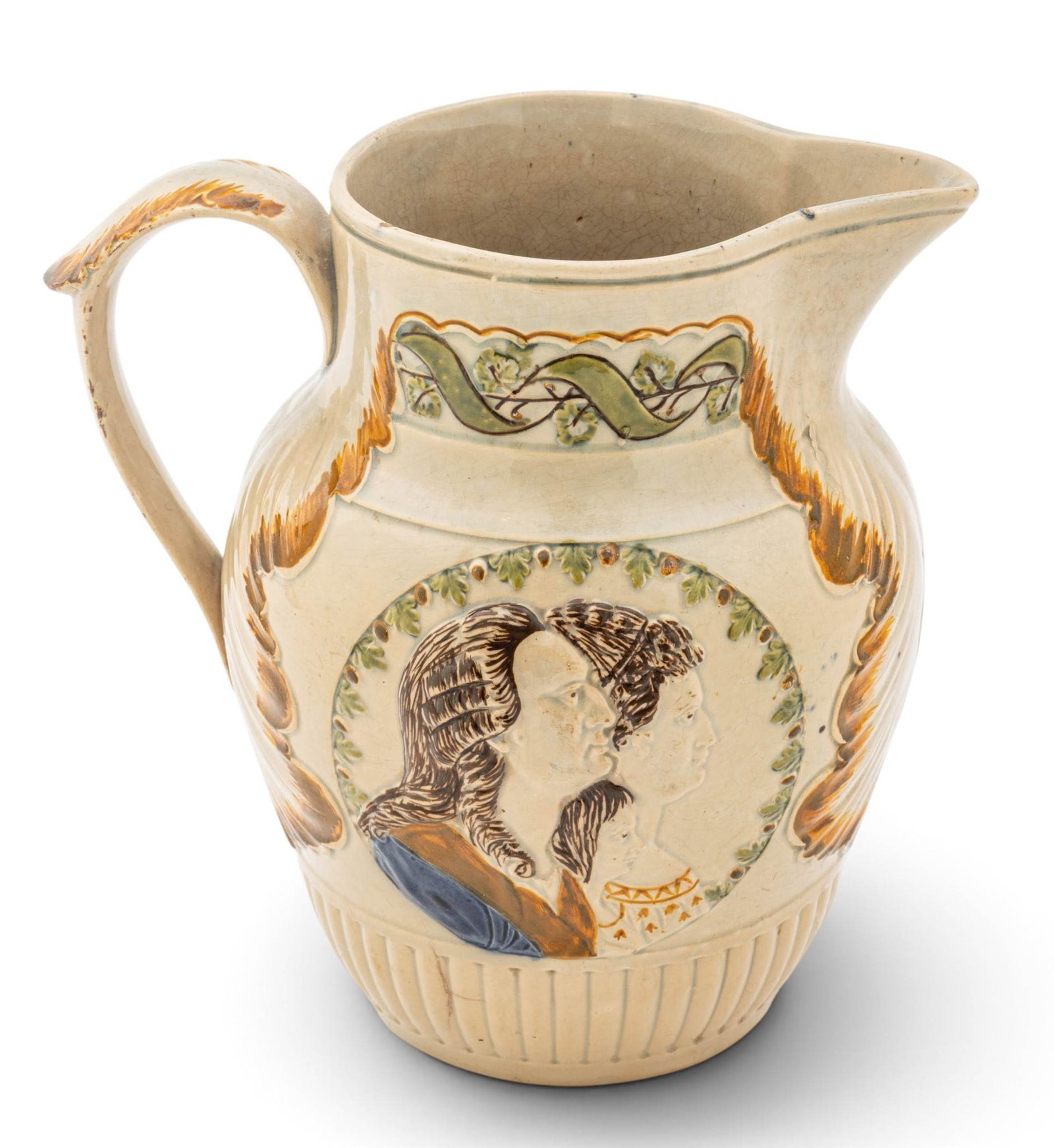 Prattware Polychrome Pottery Pitcher, Raised Silhouettes, Ca. 1840, H 7.5" W 5.75" Depth 6": Prattware Polychrome Pottery Pitcher, Raised Silhouettes, Ca. 1840, H 7.5" W 5.75" Depth 6" Decorated on one side with the face of an Admiral and on the other side with a man, woman, and