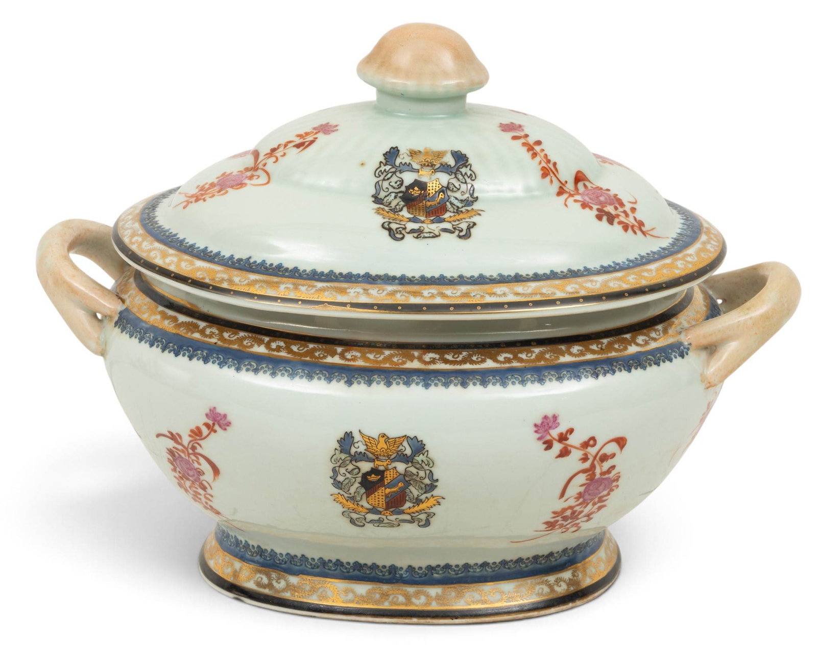 Chinese Export Style Porcelain Double Handled Soup Tureen 20th C., H 11" W 14" Depth 10": Chinese Export Style Porcelain Double Handled Soup Tureen 20th C., H 11" W 14" Depth 10" Having armorial crests and floral design. Fired gold highlights. Dimensions: H 11" W 14" Depth 10"