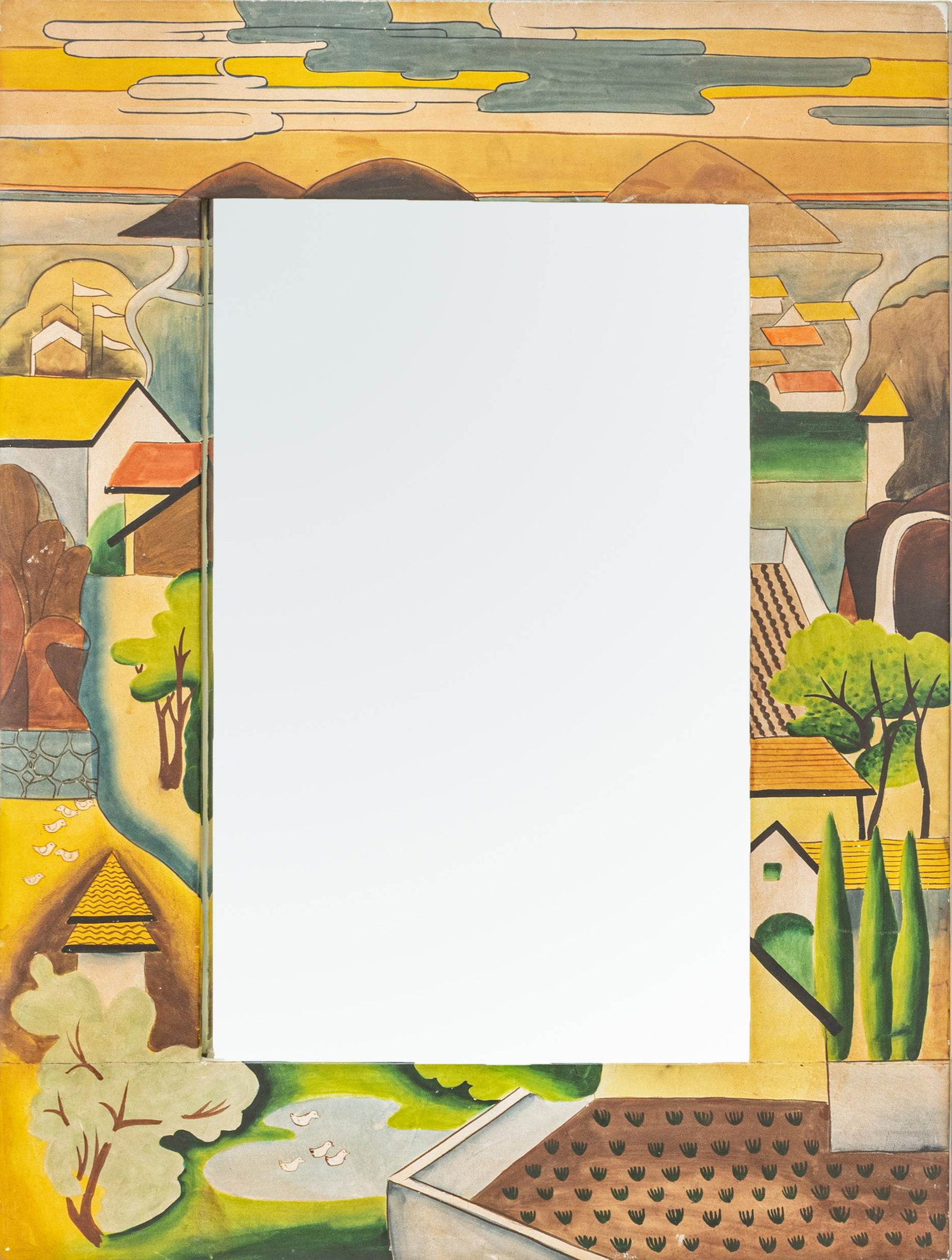 Painted Leather Mirror, Ca. 20th C., H 38" W 24": Painted Leather Mirror, Ca. 20th C., H 38" W 24" Hand painted landscape scene on leather with rectangular mirror. Provenance: Property from a prominent Grosse Pointe, MI private collector.