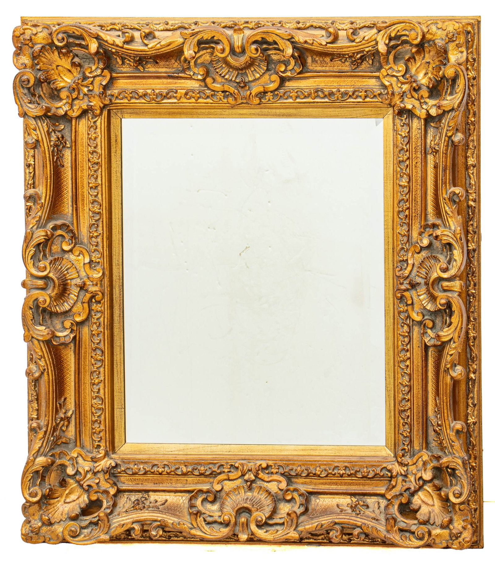 Italian Provincial Style Molded Wall Mirror 20th C., H 36" W 32": Italian Provincial Style Molded Wall Mirror 20th C., H 36" W 32" Beveled glass with frame of scrolling acanthus leaves. Dimensions: H 36" W 32"