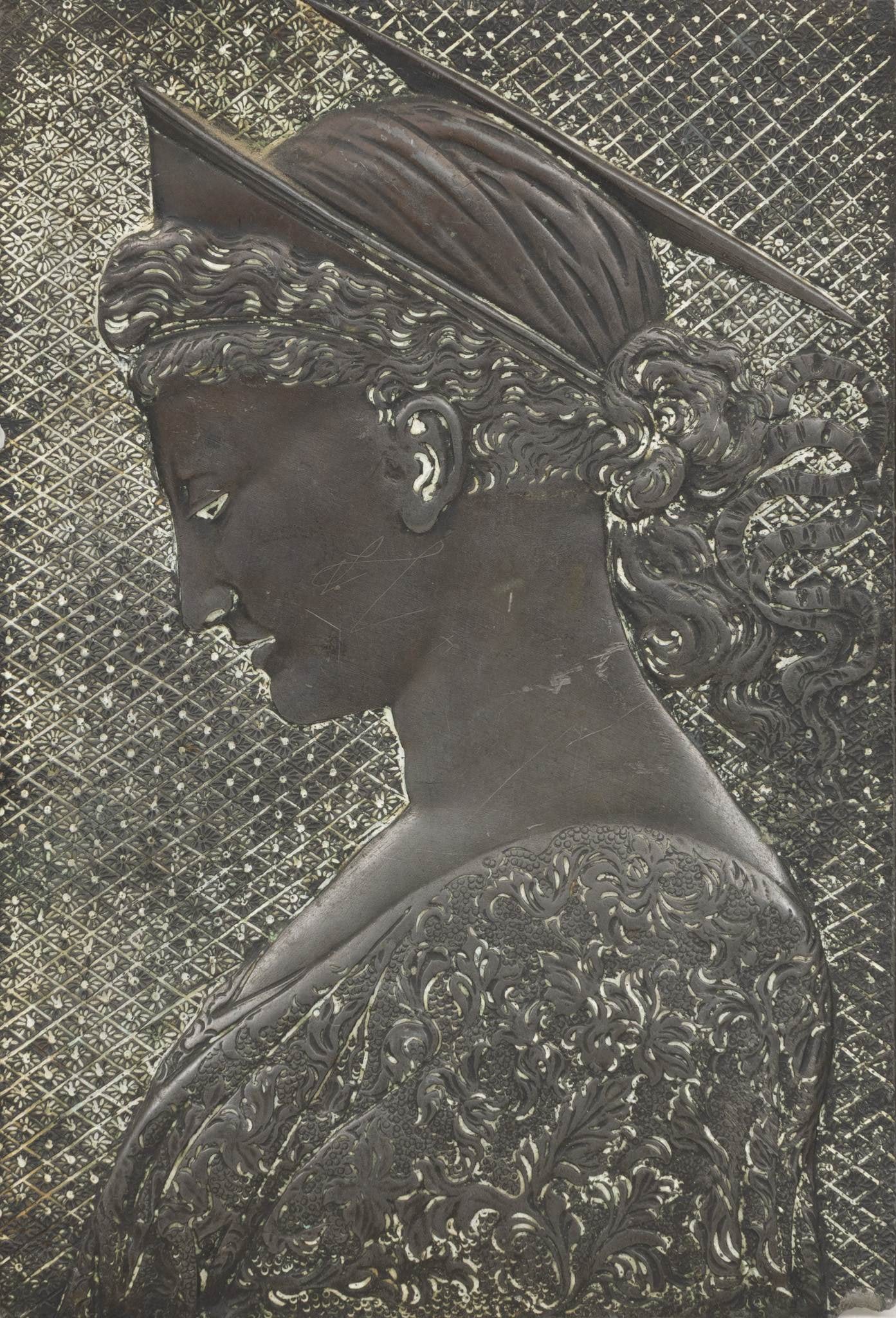 Pewter Relief Plaque with Profile After Donatello, Ca. 1900, '"Cecilia"', H 8.5" W 6" 1 PC: Pewter Relief Plaque with Profile After Donatello, Ca. 1900, '"Cecilia"', H 8.5" W 6" 1 PC Grand Tour relief plaque. Provenance: From the Collection of Mary Rae, Southfield, MI. By descent to her