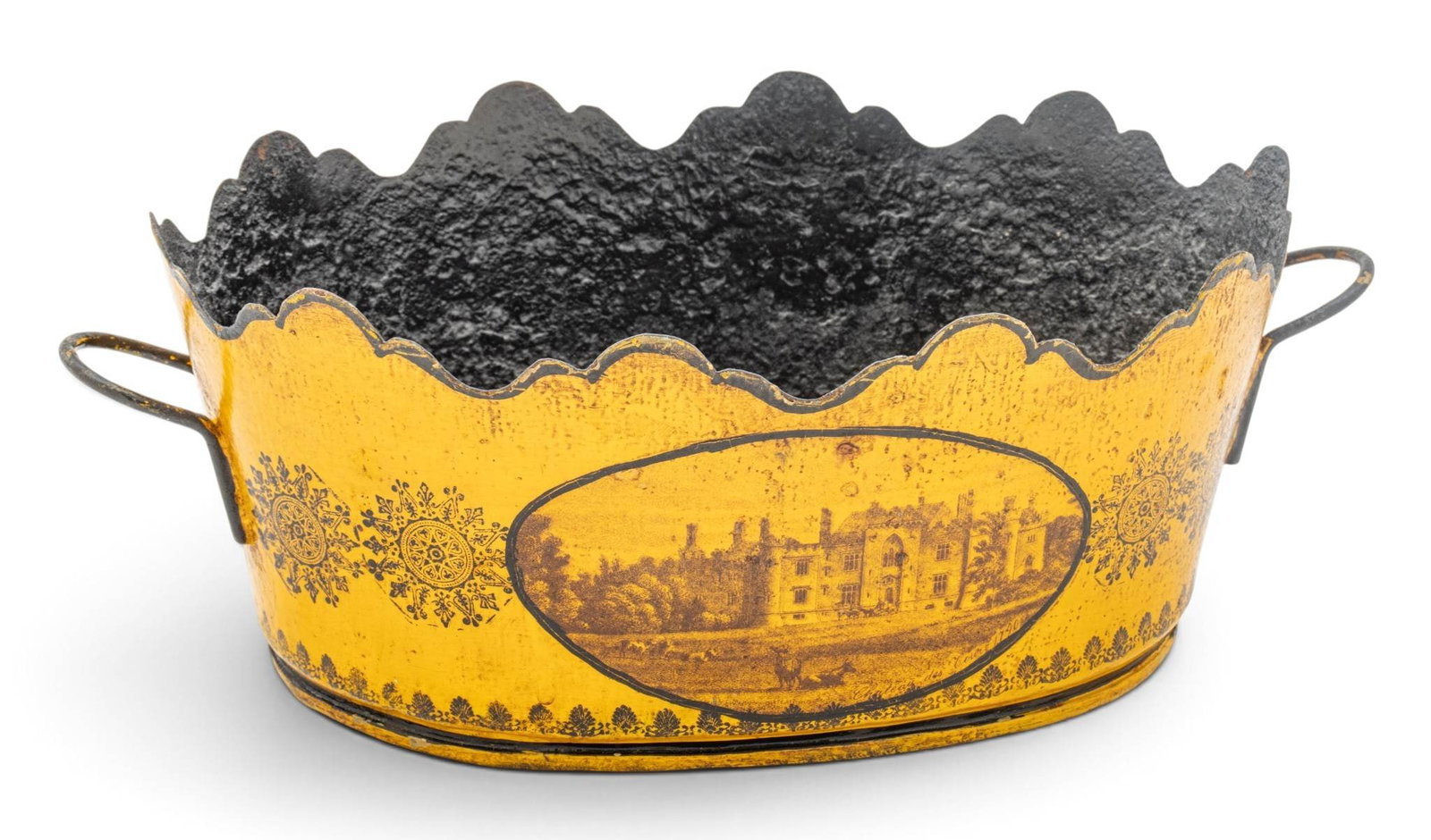 Yellow Painted Toleware Cachepot 19th Century, H 4.5" W 12" Depth 7.75": Yellow Painted Toleware Cachepot 19th Century, H 4.5" W 12" Depth 7.75" Having a yellow body with transfer images of Birr Castle, Offaly, Ireland. Provenance: Property from the Estate
