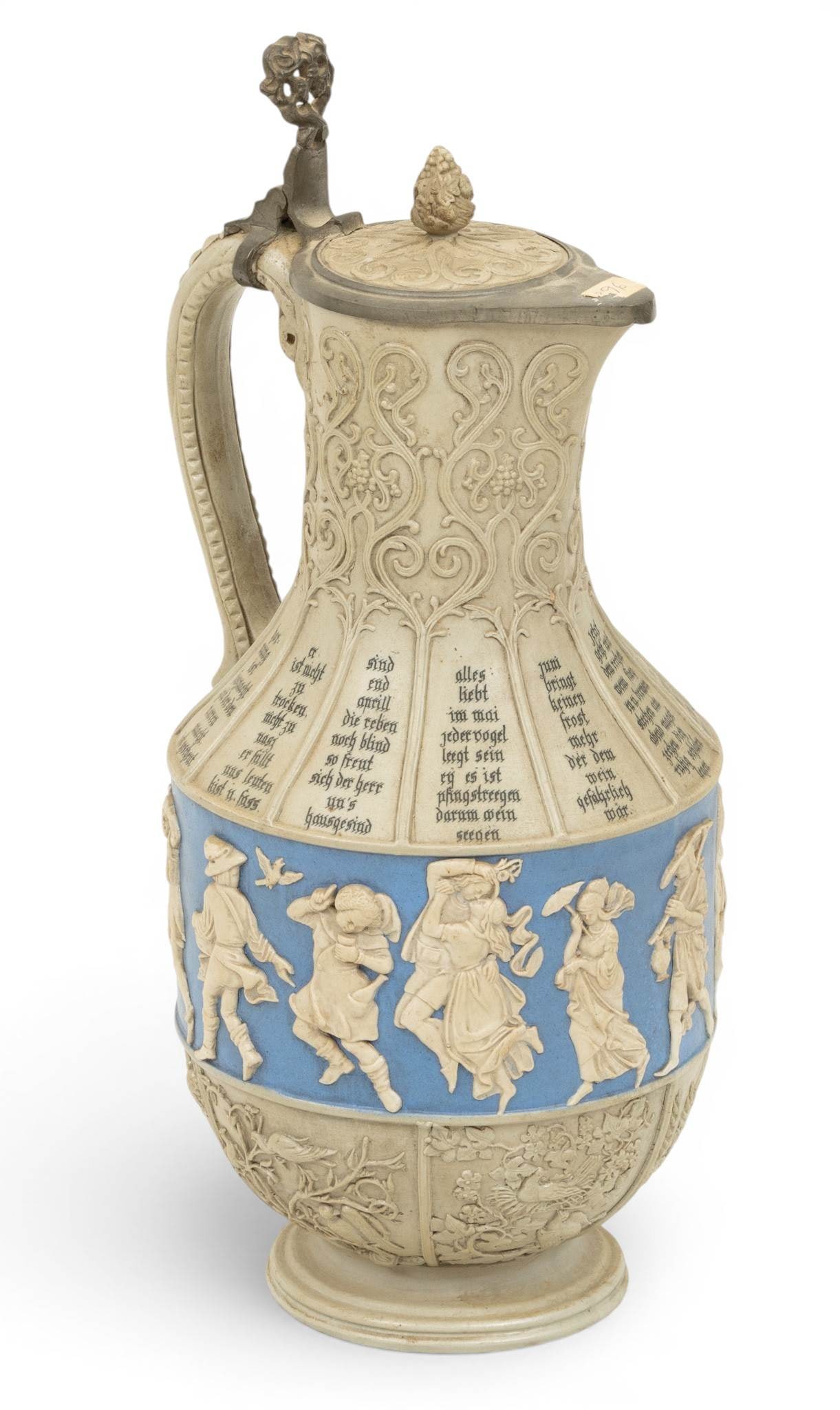 German Salt Glaze Pottery Ewer 20th C., 'Wine and Harvest Celebration', H 14.5" W 6.5" L 7.5": German Salt Glaze Pottery Ewer 20th C., 'Wine and Harvest Celebration', H 14.5" W 6.5" L 7.5" On spreading rim foot that supports relief symbols of birds and mature plants at harvest time. Relief carv