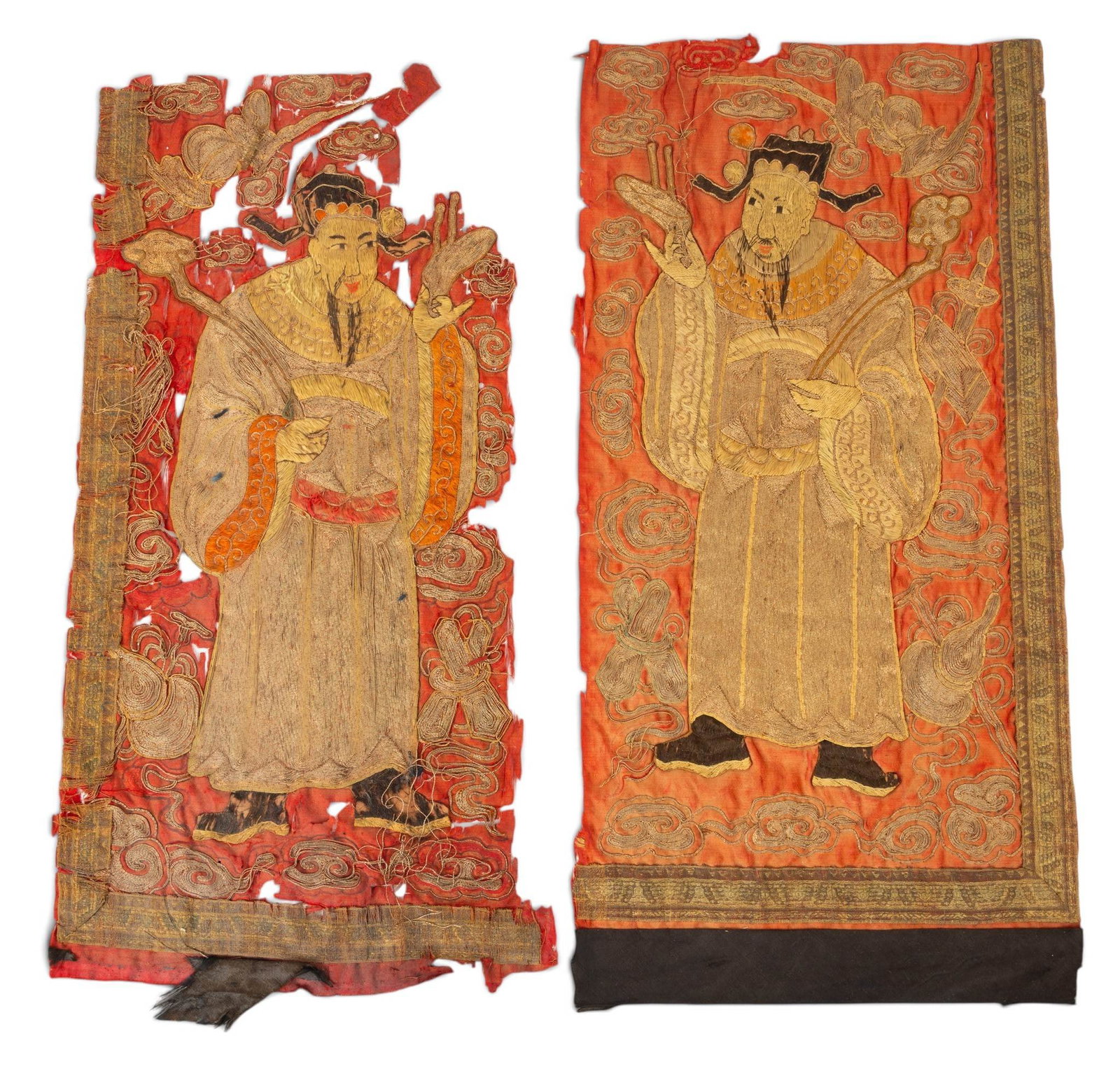 Chinese Silk and Gold Thread on Silk Panel Remnants, Fuxing, 18th/19th C., H 22.5" W 12" 2 PCS (1 of 4)