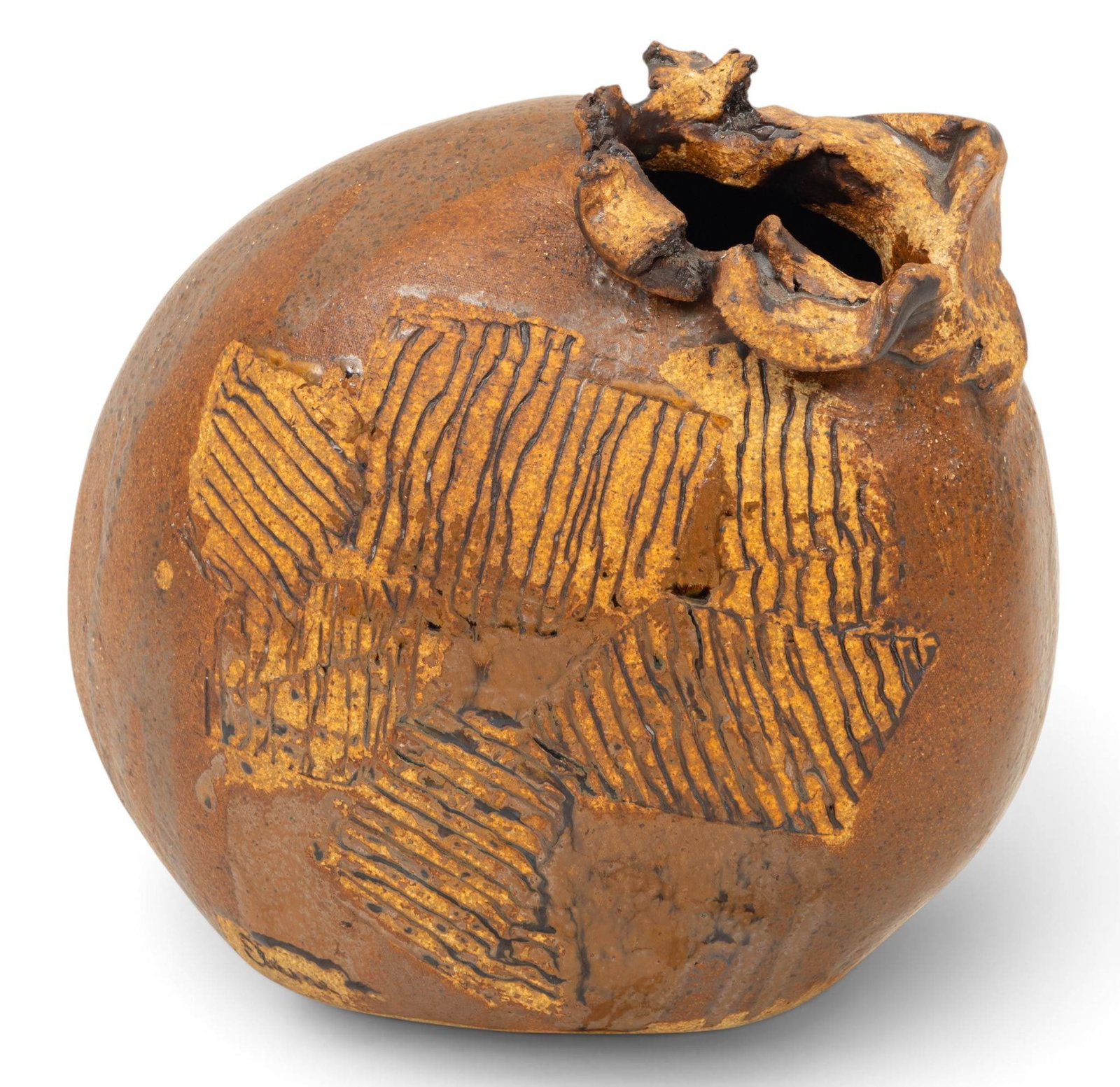 Ceramic Brown Pottery Round Vase 1960, H 10" W 11" (1 of 5)