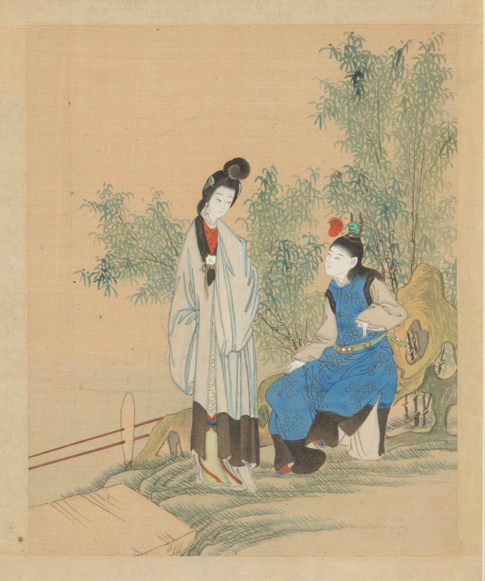 Chinese Gouache on Silk Mounted Early 20th Cent., 'Courting Couple', H 12" W 9.75": Chinese Gouache on Silk Mounted Early 20th Cent., 'Courting Couple', H 12" W 9.75" Matted and framed under glass. Provenance: Property from the Estate Collection of Catherine Mayhew, Bloomfield Hills,