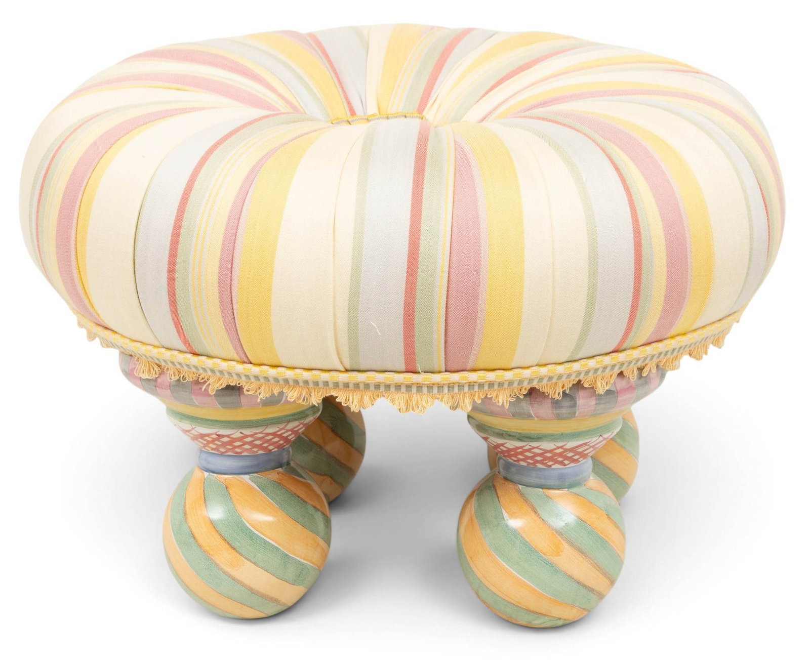 MacKenzie-Childs (American) Upholstered Poof with Ceramic Legs, H 15" Dia. 22" (1 of 5)