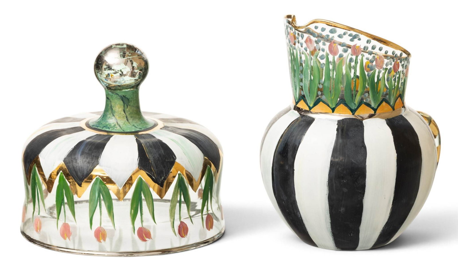 MacKenzie-Childs (American) Courtly Stripe Circus Cheese Dome and Creamer Pitcher 1980's, 2 PCS (1 of 6)