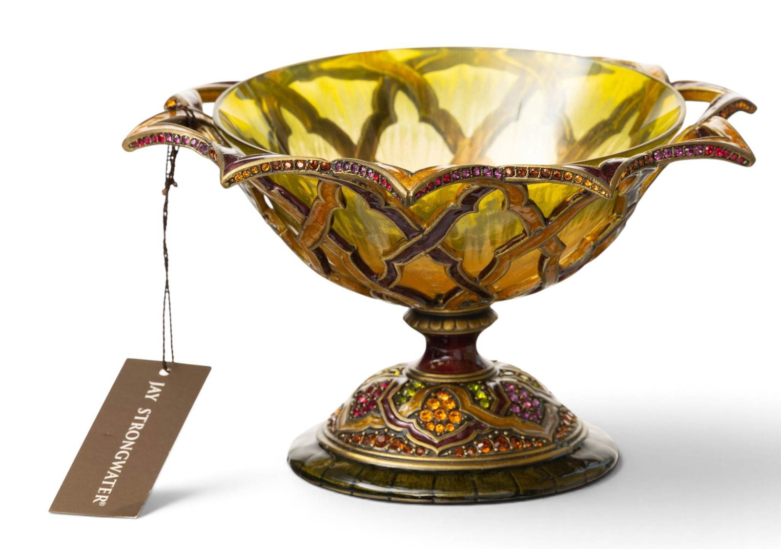 Jay Strongwater (American, B. 1960) Small Dish H 4" Dia. 7": Jay Strongwater (American, B. 1960) Small Dish H 4" Dia. 7" A pierced yellow and red enameled bowl having a glass insert bowl. Signed on base. Provenance: Property from a Bloomfield Hills, MI pr