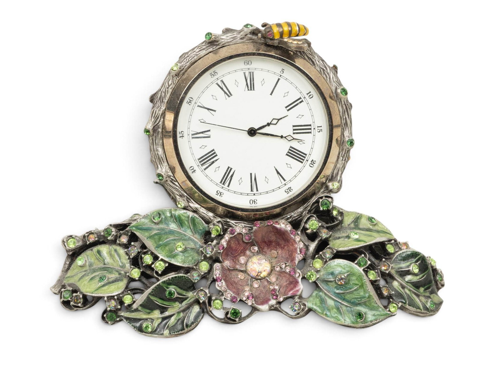 Jay Strongwater (American, B. 1960) Clock H 3.75" W 4.25" Depth 2": Jay Strongwater (American, B. 1960) Clock H 3.75" W 4.25" Depth 2" An enameled and jeweled clock on a flower and leaf form base. Provenance: Property from a Bloomfield Hills, MI private collecto