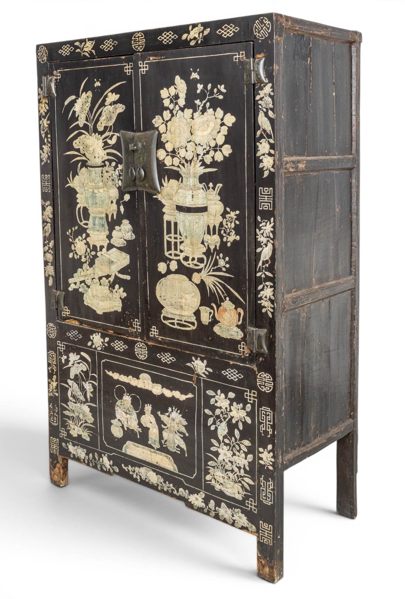 Chinese Lacquered Painted Cabinet 19th.c., H 75" W 47" Depth 23" 1 PC (1 of 12)