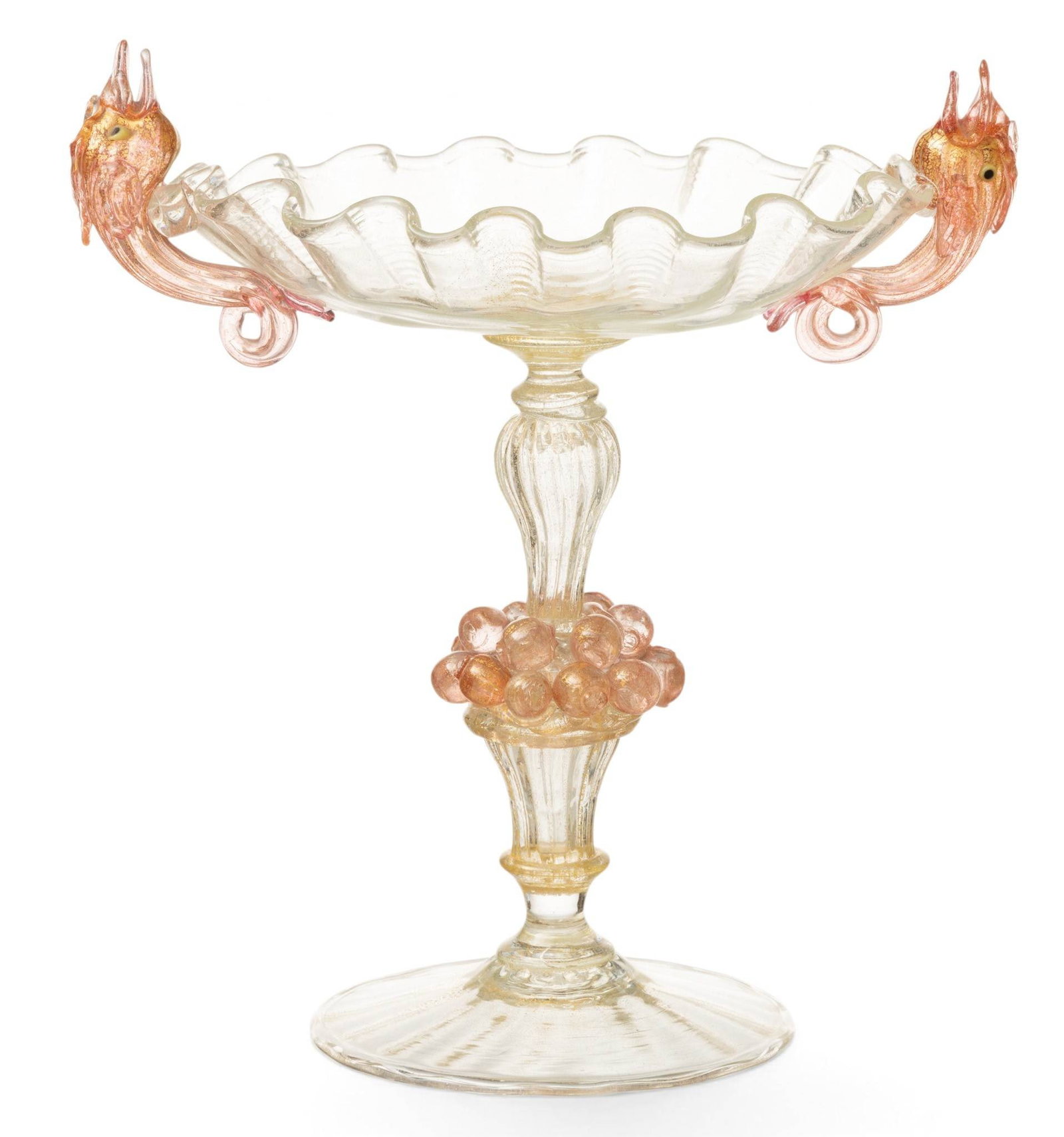 Salviati & Co. (Venetian) Art Glass Compote, Ca. 1900, H 9.5" W 9" Depth 6": Salviati & Co. (Venetian) Art Glass Compote, Ca. 1900, H 9.5" W 9" Depth 6" Blown glass with applied pink glass dolphin handles on a shell form dish above applied balls atop bouquet form pillar. Prove