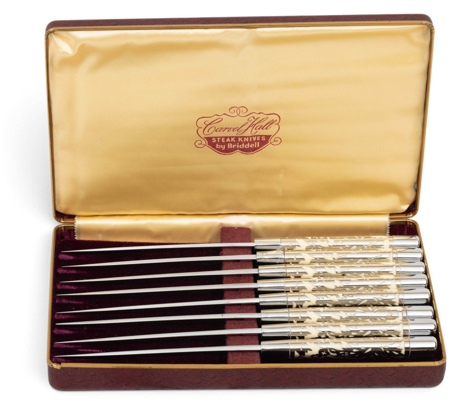 Carvel Hall, Briddell, Steak Knives, Set of Eight, Boxed 1 PC: Carvel Hall, Briddell, Steak Knives, Set of Eight, Boxed 1 PC Set of eight vintage knives in a faux leather case. Provenance: Property of a Prominent Grosse Pointe, MI Collector Dimensions: 1 PC