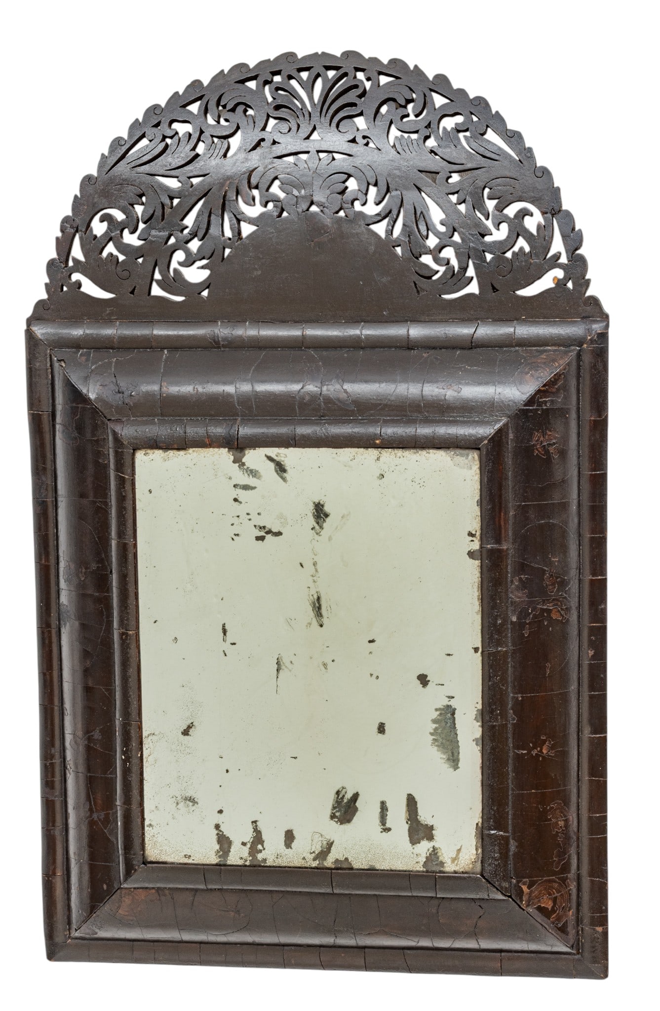 English William and Mary Ebonized Carved Walnut Mirror, Ca. 1680, H 28" W 17.75": English William and Mary Ebonized Carved Walnut Mirror, Ca. 1680, H 28" W 17.75" Ebonized walnut with an ornate pierced crest. Pine secondary wood. A fine example with original mirror. A copy of the 1