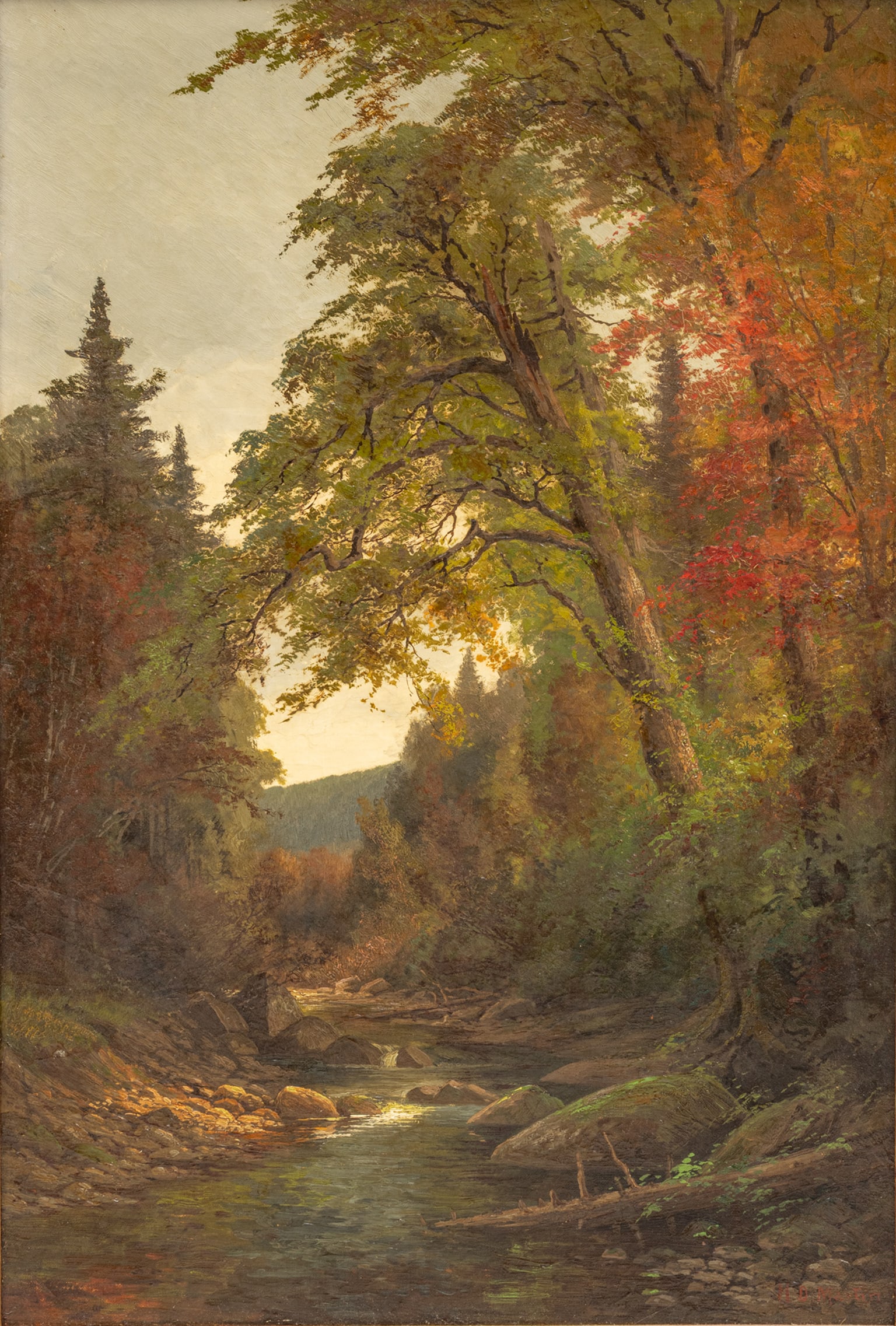 Homer Dodge Martin (American, 1836-1897) Oil on Canvas, 'Autumn in the Adirondacks', H 30" W 20": Homer Dodge Martin (American, 1836-1897) Oil on Canvas, 'Autumn in the Adirondacks', H 30" W 20" Depicting an Autumn Adirondack riverscape with rapids running through the shade of the trees. Signed lo