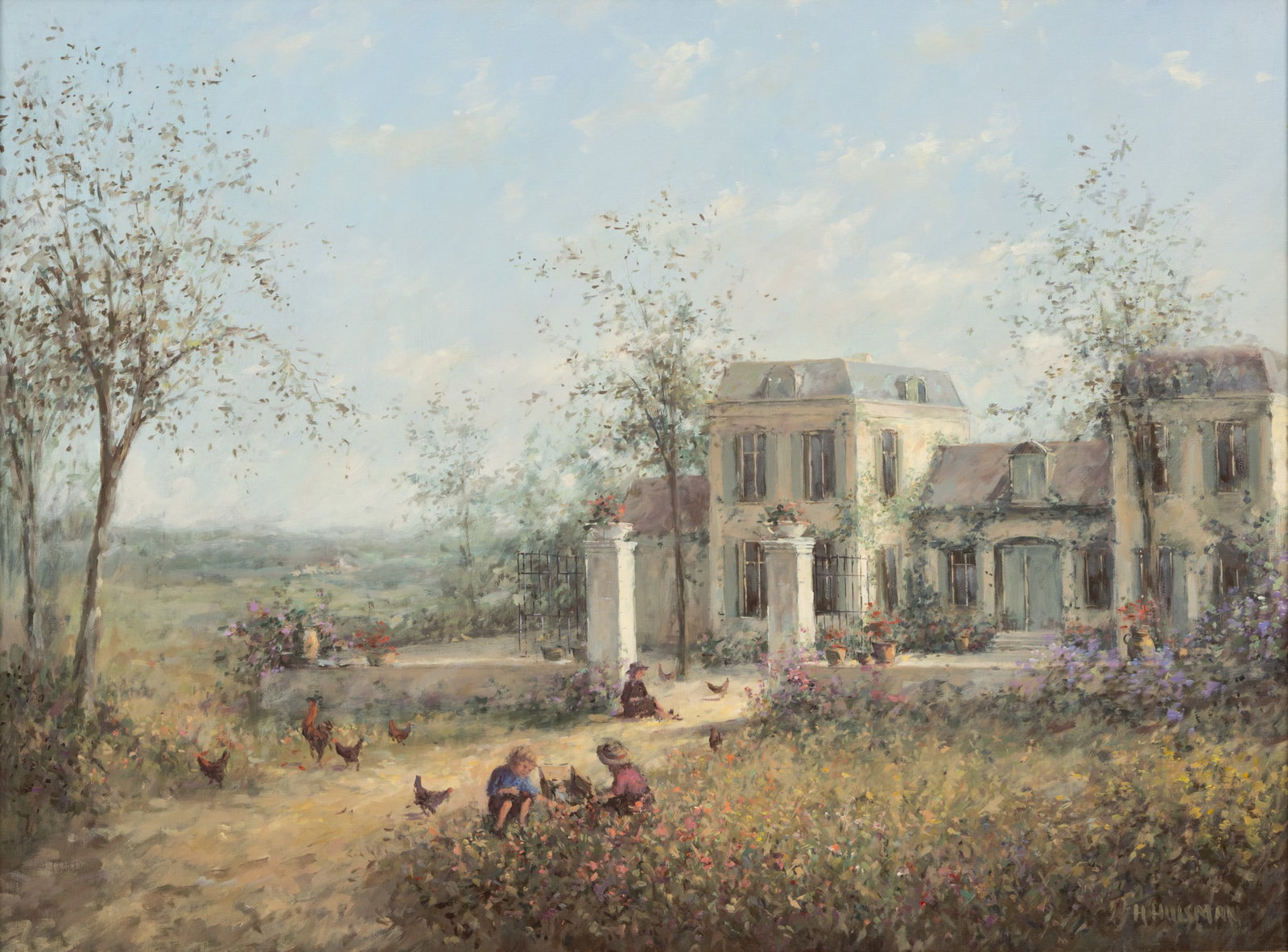Hermann Maarten Huisman (Dutch, B. 1949) Oil on Canvas 1980-1990, 'A Country Estate', H 24" W 32": Hermann Maarten Huisman (Dutch, B. 1949) Oil on Canvas 1980-1990, 'A Country Estate', H 24" W 32" Signed lower right. Depicting a country estate with children and animals playing on the grounds. Frame