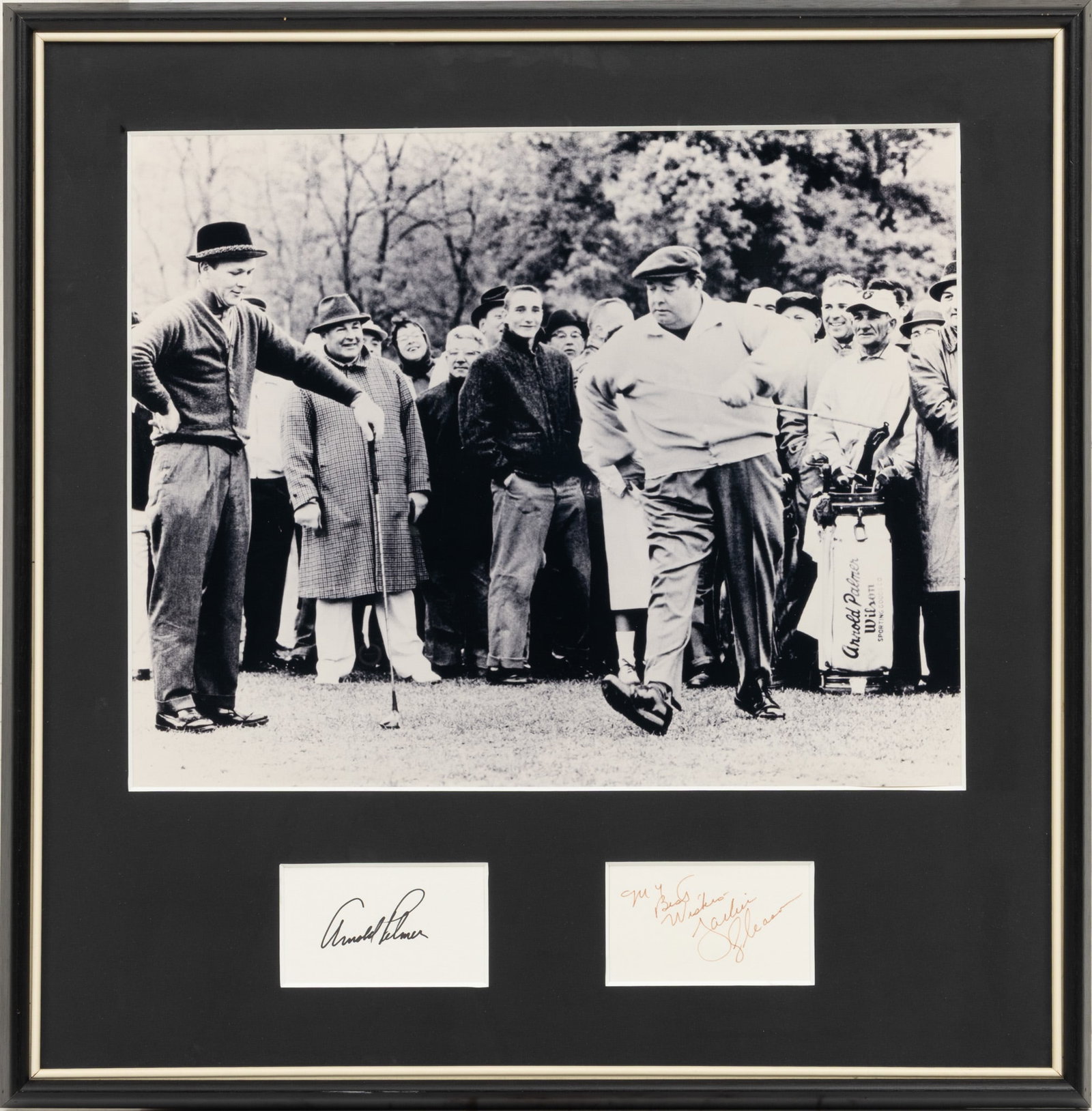 Jackie Gleason and Arnold Palmer Autographs in Framed Presentation Display, H 27" W 26": Jackie Gleason and Arnold Palmer Autographs in Framed Presentation Display, H 27" W 26" Separate cut signatures of Arnold Palmer and Jackie Gleason. Framed together with a black and white photograph o