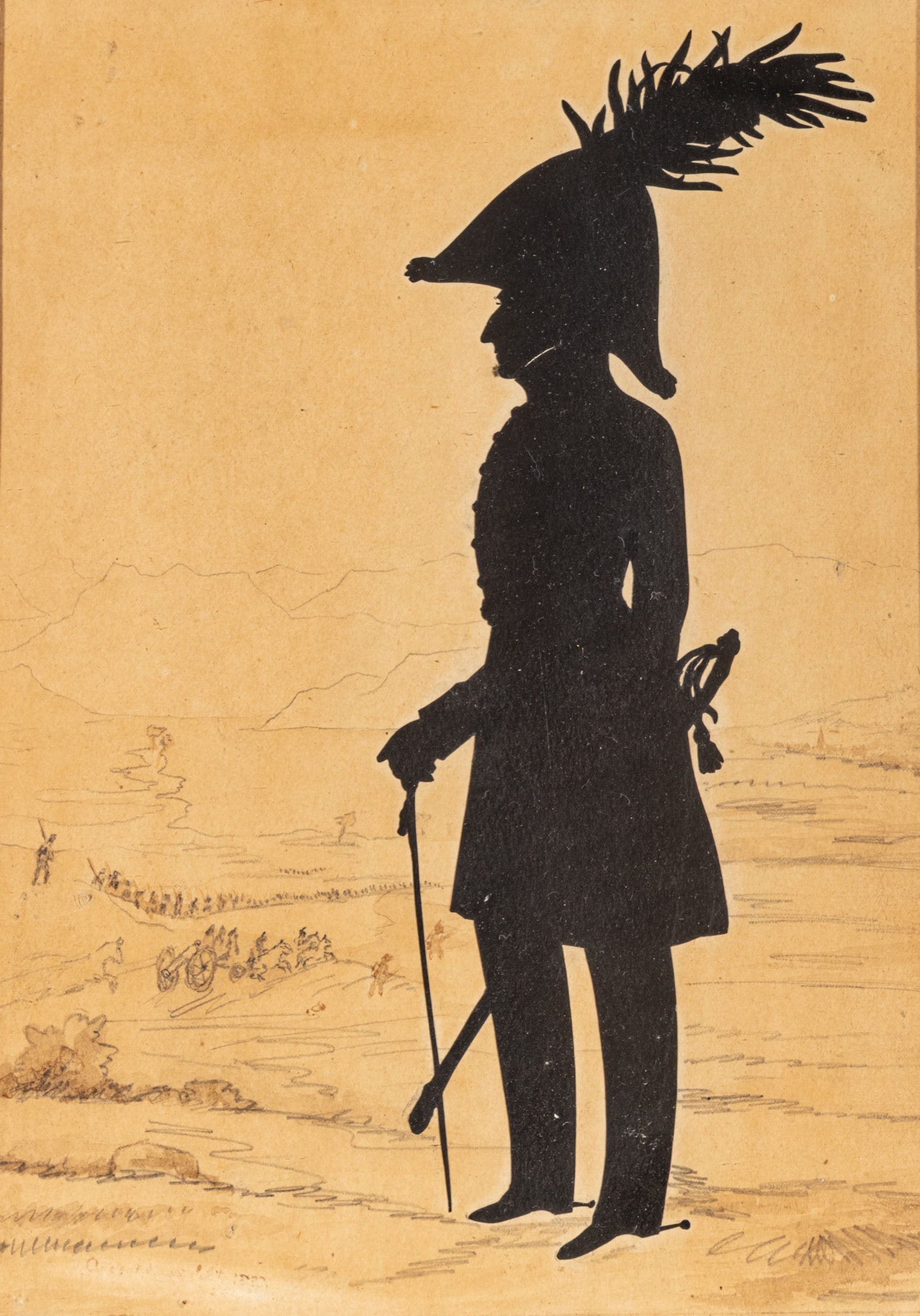 Silhouette on Paper, Ca. 19th C., 'Gentleman in Plumed Hat', H 11" W 7.5": Silhouette on Paper, Ca. 19th C., 'Gentleman in Plumed Hat', H 11" W 7.5" A gentleman in a plumed hat with sword. A penciled background with soldiers, horses and cannons. Illegible signature and date 