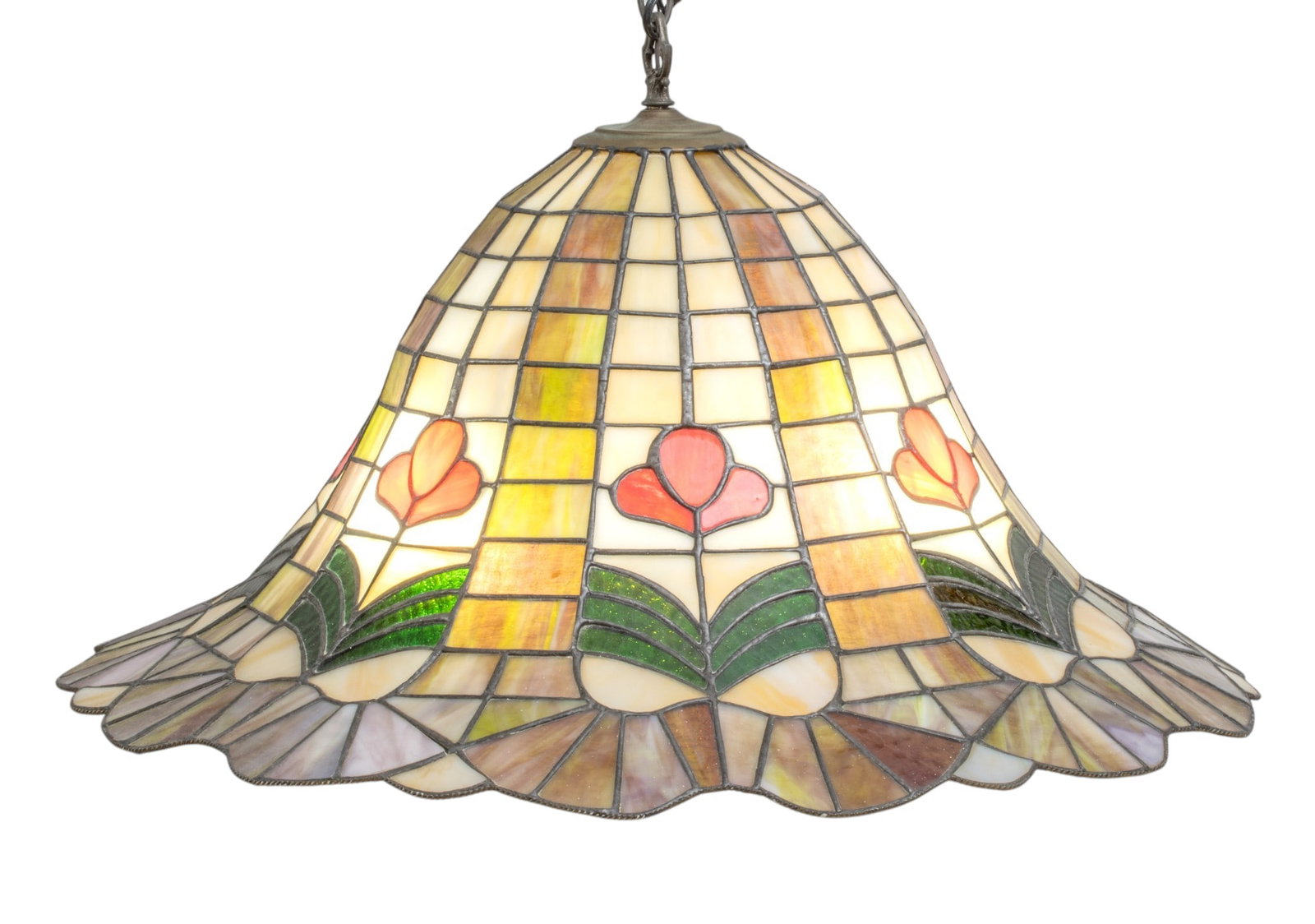 Leaded Art Glass Hanging Chandelier, Poppy Design 1960, H 13" Dia. 27": Leaded Art Glass Hanging Chandelier, Poppy Design 1960, H 13" Dia. 27" 42" includes chain and ceiling plate. Seven panels with each a red poppy. Provenance: From the collection of the late Katherine V