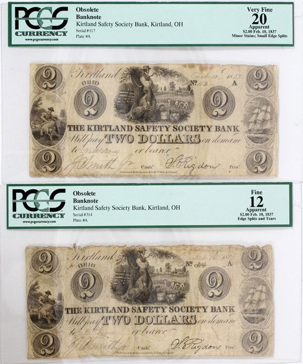 KIRTLAND SAFETY SOCIETY BANK TWO DOLLAR NOTES: KIRTLAND SAFETY SOCIETY BANK TWO DOLLAR NOTES, DATED FEB. 10, 1837, 2:$2.00 notes, both Plate 'A', serial #'s 117 and 314; both dated Feb. 10, 1837, signed by J. Smith Jr. and authenticated and graded