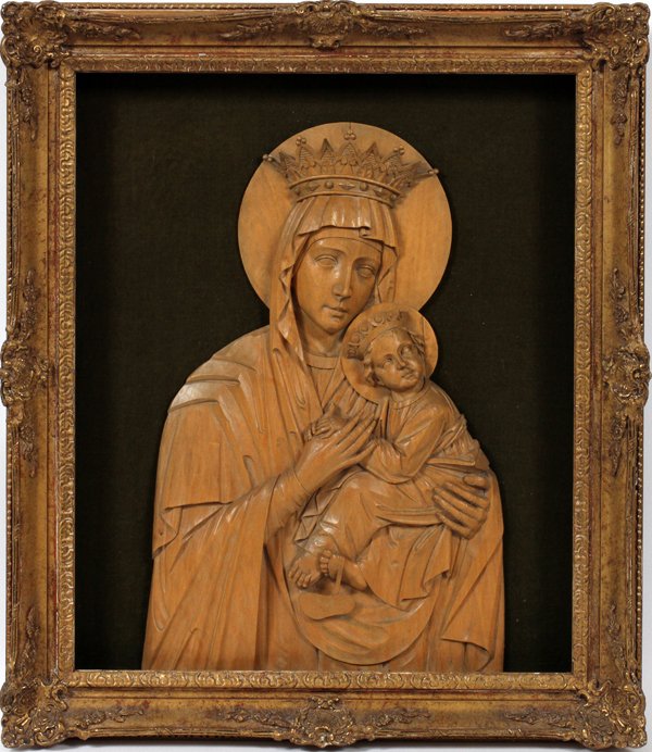 HAND CARVED WOOD ICON/PLAQUE, MADONNA AND CHILD: HAND CARVED WOOD ICON/PLAQUE, MADONNA AND CHILD:Framed in shadow box type frame. Gilt frame.