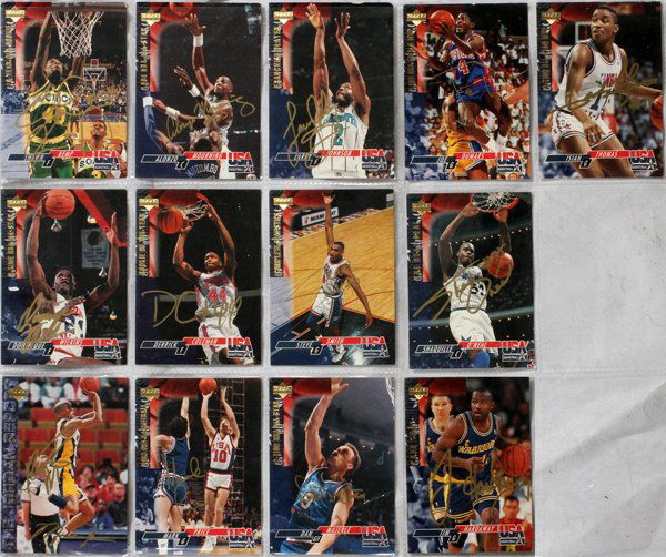 UPPER DECK AUTOGRAPHED NBA TRADING CARDS: UPPER DECK AUTOGRAPHED NBA TRADING CARDS, 13 PCS.:includes autographed cards by: Shawn Kemp, Dominick Wilkins, Alonzo Morning, Larry Johnson, Steve Smith, Danny Ainge, Joe Dumars, Isaiah Thomas, Shaqu