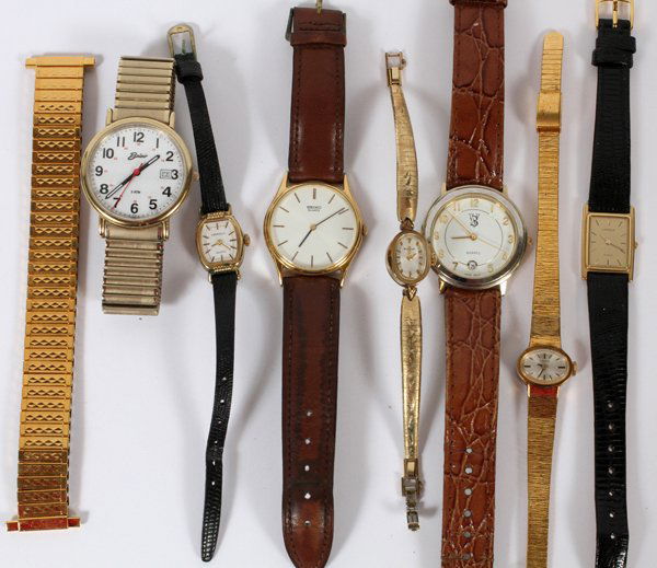 GOLD FILLED WATCHES, SEVEN: GOLD FILLED WATCHES, SEVEN:Lassale, Carravelli, Casselback, Seiko, Bulova, Timex, watch strap, Belair.