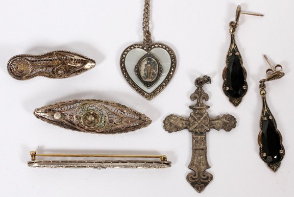 STERLING SILVER JEWELRY, VINTAGE, 6 PCS: STERLING SILVER JEWELRY, VINTAGE, 6 PCS:Three Brooches; one pair of marcasite earrings for pierced ears; one sterling silver cross and blessed mother in heart shaped pendant with Mother of Pearl and m