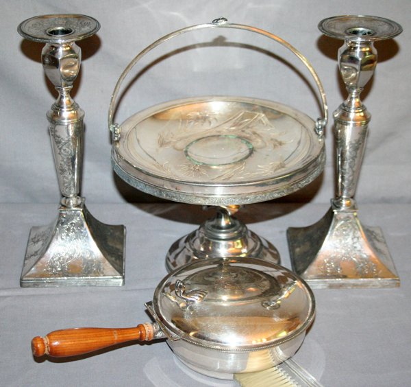 SILVER PLATE CANDLESTICKS, COMPOTE, S. BUTLER: SILVER PLATE CANDLE STICKS, COMPOTE AND SILENT BUTLER:having Forbes silver plate candlesticks with tapered shafts, hexagonal cups with engraved acanthus leaf designs, square bases with flared sides, 1