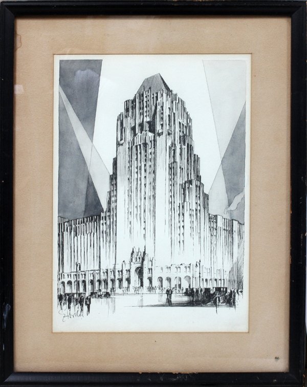 INK DRAWING, SKYSCRAPER, 13" X 9": INK DRAWING, SKYSCRAPER, 13" X 9":depicts an art deco style sky scraper; Signed lower left; framed and matted under glass;