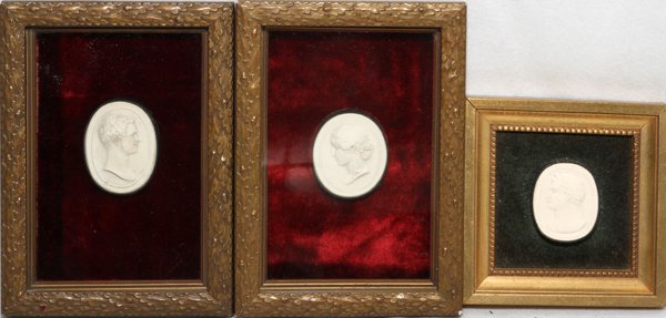OVAL MEDALLIONS (3) IN SHADOW BOX FRAMES, THREE: OVAL MEDALLIONS (3) IN SHADOW BOX FRAMES, THREE:Cameo plaster medallions, one of Napoleon. Framed separately in shadow box frames. From the Estate of Charles Chevalier, Mt. Clemens, Michigan.