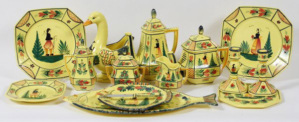 HENRIOT QUIMPER, FRENCH FAIENCE TABLE WARE, 14: HENRIOT QUIMPER, FRENCH FAIENCE TABLE WARE, 14 PIECES:Yellow ground. Signed Henriot Quimper, France. Including 1 coffee pot, H.10", 1 teapot, H.7.5", 1 creamer, 1 small individual coffee pot, 1 sugar,