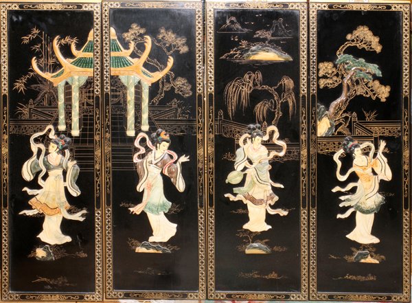 CHINESE PANELS WITH HARD STONES, FOUR 36" X 12": CHINESE PANELS WITH HARD STONES, FOUR, 36" X 12": Estate of Christopher Seitz.