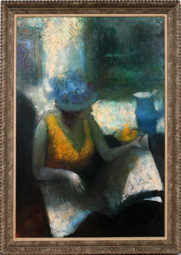 STEPHEN BAGNELL, OIL ON MASONITE, SEATED WOMAN: STEPHEN BAGNELL (1930-1996), OIL ON MASONITE, 48" X 31", SEATED WOMAN:Stephen Bagnell [American 1930-1996]. Depicting a seated woman wearing a hat reading a newspaper and seated next to a pitcher and 