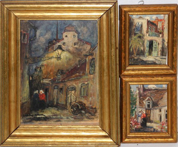 COLETTE POPE HELDNER OILS/BOARD, OLD STOCKHOLM: COLETTE POPE HELDNER (1902-90), OILS ON BOARD, THREE, C. 1930, 8" X 5 1/2" & 4" X 3", OLD STOCKHOLM:Each is signed and framed. Colette Pope Heldner, American, 1902-1990.