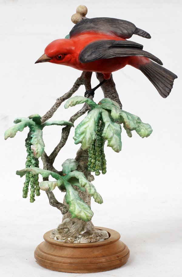 ROYAL WORCESTER DOROTHY DOUGHTY SCARLET TANAGER: ROYAL WORCESTER DOROTHY DOUGHTY 'SCARLET TANAGER' BIRD FIGURE, H 13":