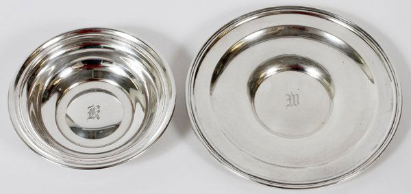 AMERICAN STERLING BOWL & PLATE, DIA 6" & 8": AMERICAN STERLING BOWL & PLATE, DIA 6" & 8":Including 1 Manchester Silver Co. sterling silver bowl, number 997, initialed "K" at the well, H.1 1/2", Dia.6", and 1 sterling silver plate, unidentified m