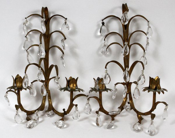 ITALIAN GILT METAL & CRYSTAL TWO-LIGHT SCONCES: ITALIAN GILT METAL & CRYSTAL TWO-LIGHT SCONCES, PAIR, H 14", W 10", D 4":Tulip form candle holders