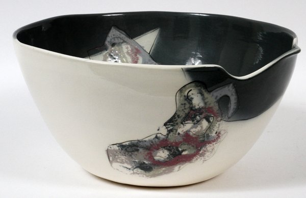 ROYAL CROWN DERBY WALRUS PAPERWEIGHT: ROYAL CROWN DERBY WALRUS PAPERWEIGHT, L 5", STUDIO POTTERY & GLASS OBJECTS (2):Including 1 Royal Crown Derby porcelain walrus paperweight, H.4", L.5"; 1 studio pottery bowl signed "Gibson", decorated 
