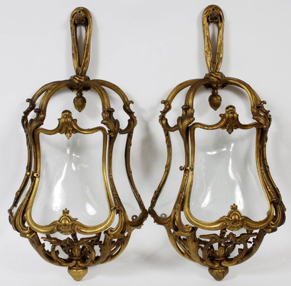 FRENCH BRONZE SCONCES PAIR, 19TH.C., H 32": FRENCH BRONZE SCONCES PAIR, 19TH.C., H 32", W 17":Bronze wall sconces with hand blown glass inserts. Three arms. Not electrified. From a stately Grosse Pointe, Mich. Home.