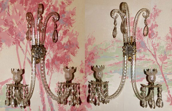 ANTIQUE WATERFORD CRYSTAL, TWO LIGHT SCONCES: ANTIQUE WATERFORD CRYSTAL, TWO LIGHT SCONCES, H 22'', W 14'':Two scrolling olive cut arms with drop prisms. Three scrolling arms. Not electrified. From a stately Grosse Pointe, Mich. Home.