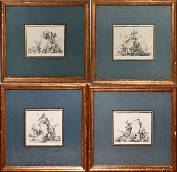 CIRCLE OF JEAN-CHARLES DELAFOSSE, SKETCHES, 4: CIRCLE OF JEAN-CHARLES DELAFOSSE (1734-1789), ARCHITECTURAL INK SKETCHES, 4, 3 1/4" X 4 1/2":Identically matted and framed (modern); on laid paper; unsigned; verso labels identify them as from Charles