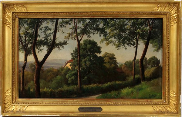 JEAN PHILIPPE GEORGE-JULLIARD OIL LANDSCAPE: JEAN PHILIPPE GEORGE-JULLIARD, SWISS OIL ON FIBERBOARD 10" X 17" LANDSCAPE:Signed lower right. George-Julliard 1818 - 1888. Size 10" x 17 1/3" is image only.