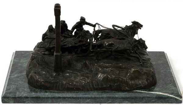 AFTER VASILY GRACHEV BRONZE SCULPTURE, MILEPOST: AFTER VASILY GRACHEV (1831-1905), BRONZE SCULPTURE, H 10", L 16", 'THE MILEPOST':Troika with driver and two passengers racing past a milepost, signed in Cyrillic, mounted on a rectangular marble base