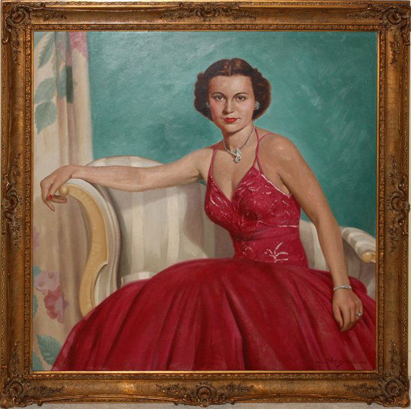 J. ANTHONY WILLS, OIL, PORTRAIT SEATED WOMAN: J. ANTHONY WILLS, OIL ON MASONITE, 1950'S, 38'' X 38'', PORTRAIT OF A SEATED WOMAN:Signed lower right. Gilt wood frame. From a stately Grosse Pointe, Mich. Home.