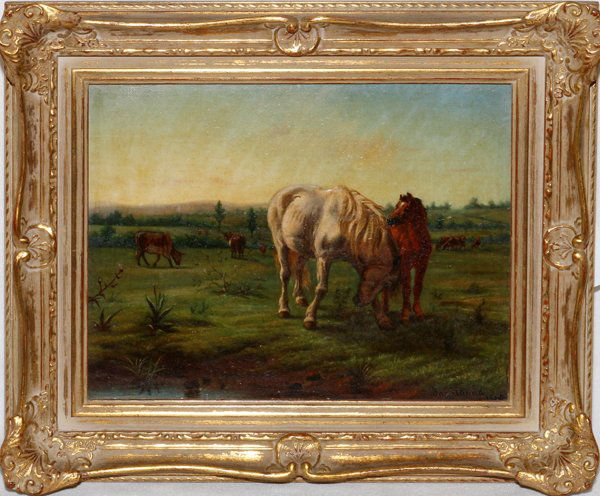 J.N.O. HANNA, OIL ON CANVAS, 1866, 8" X 10 1/4": J.N.O. HANNA, OIL ON CANVAS, 1866, 8'' X 10 1/4'':Depicting horses and cattle in pastoral landscape, Hudson's label. From a stately Grosse Pointe, Mich. Home.