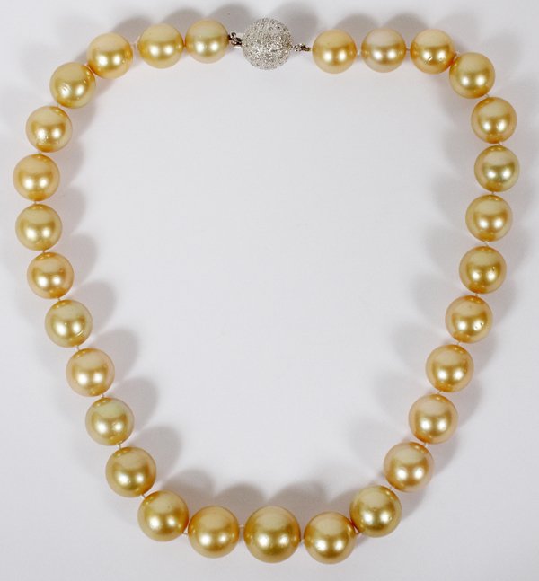 TAHITIAN GOLD HUE 14 MM. PEARL NECKLACE, L 18": TAHITIAN GOLD HUE 14 MM. PEARL NECKLACE, L 18":