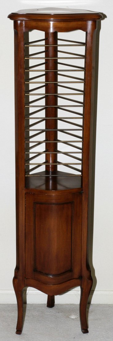 WALNUT CORNER PLATE STAND/CABINET, TRIANGULAR: WALNUT CORNER PLATE STAND WITH LOWER CABINET, H 56'' X 15'' TRIANGULAR:With set of 12 Limoges plates. From a stately Grosse Pointe, Mich. Home.