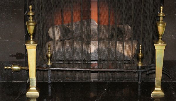 PAIR OF BRASS ANDIRONS, H 25'', L 6'': PAIR OF BRASS ANDIRONS, H 25'', L 6'':Urn form finials, with brass andiron fire poker. From a stately Grosse Pointe, Mich. Home.