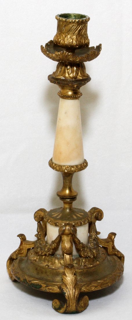 FRENCH BRONZE, MARBLE SINGLE LIGHT CANDLESTICK: FRENCH BRONZE AND MARBLE SINGLE LIGHT CANDLESTICK, H 7'', L 4'': From a stately Grosse Pointe, Mich. Home.